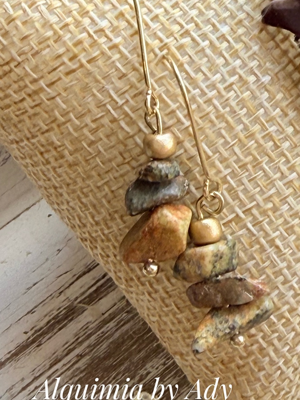 Alquimia Gold and Green-Brown Stone Stack Dangle Earrings